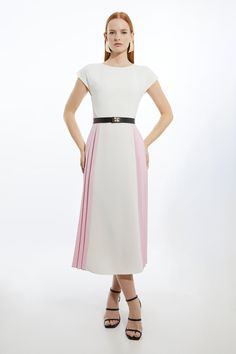 Fluid Tailored Contrast Pleated Panel Skirt Midi Dress White Fitted Dress With Box Pleat, Fashion Library, Spring Wishlist, Plus Size Workwear, Winter Wedding Guest Dress, Outfits For Mexico, Panel Skirt, Black Pencil Dress, Spring Wedding Guest Dress