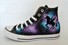 Custom Converse Ideas, Converse Painted, Galaxy Sneakers, Converse Ideas, Diy Converse, Winged Unicorn, Dark Unicorn, Unicorn Shoes