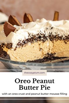 Oreo peanut butter pie in a glass pie dish Pb Pie Oreo Crust, Peanut Butter Mousse Filling, Oreo Peanut Butter Pie, Oreo Peanut Butter, Mousse Filling, Peanut Butter Oreo, Oreo Flavors, Chocolate Graham Crackers