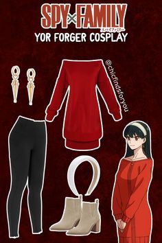 Spy Family Outfits, Yor Forger Cosplay Red Sweater, Yor Forger Outfit Ideas, Cute Outfits Anime Inspired, Anime Closet Cosplay, Spy X Family Outfits, Yor Forger Outfit, Easy Cosplay Ideas Women Anime, Anime Costume Ideas