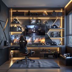 a room with a chair, desk and television on the wall is lit up by recessed lights