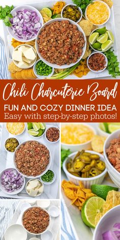 Chili Charcuterie Board Dinner Idea Charcuterie Board Dinner, Chili Charcuterie, Crockpot Chicken Chili Recipes, Quinoa Chili Recipe, Chicken Chili Crockpot, Crockpot White Chicken Chili