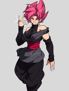 a cartoon character with pink hair and black pants