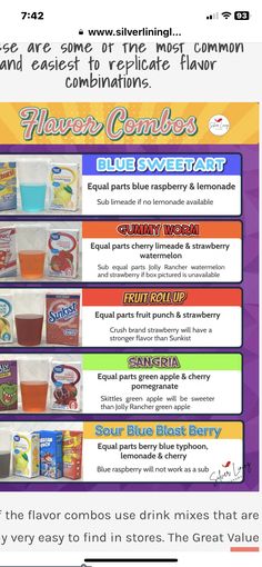 the flyer for an ice cream shop with information about flavors and flavor combinations on it