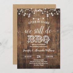 the rustic wood and string lights wedding card