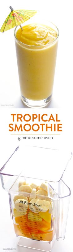 an advertisement for tropical smoothie with banana slices and oranges in the glass bowl