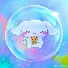 a bubble with an image of a dog holding a teddy bear in it's lap