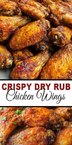 crispy dry rub chicken wings with parsley on top and the words crispy dry rub chicken wings above it