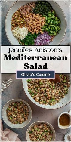 an overhead view of mediterranean salad with beans and broccoli in bowls on a table