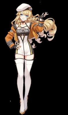 an anime character with blonde hair and white pants, holding her arms out in the air