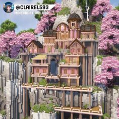 Heart Shaped House Minecraft, Mountain Minecraft Builds, Minecraft Princess Castle, Mountain Minecraft Houses, Minecraft Big Building Ideas, Pink Castle Minecraft, Minecraft Houses Mountain, Mountain Base Minecraft, Pretty Minecraft Houses Floor Plans