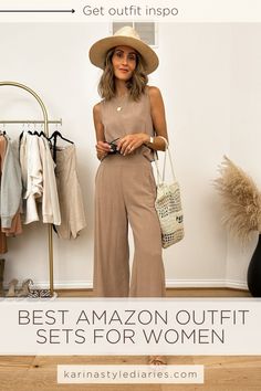 Neutral Fall Colors Outfits, Light Neutral Outfit Ideas, Neutral Sets Outfit, Women Neutral Outfits, Monochromatic Neutral Outfit, Amazon Set Outfit, Vacation Outfits Minimalist, Amazon Two Piece Set, Amazon Sets For Women