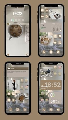 three iphones with different pictures on them, one showing coffee and the other displaying an image