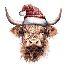 a watercolor painting of a highland cow wearing a santa hat with long hair and horns