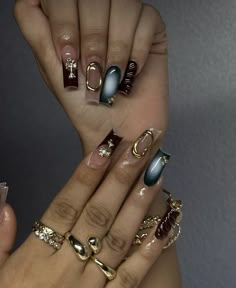 City Nails Designs, Graphic Acrylic Nails, Maximalist Nails Square, Dope Nail Designs Mid Length, Aura Nails Chrome, Chrome Nails Fall, Fall Press On Nails, Nails Aura, Nails Fall Nails