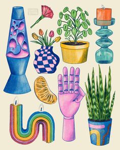 a drawing of different types of plants in pots and vases with candles on them