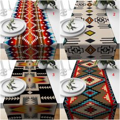 four different tables with plates and vases on them, all in native style patterns