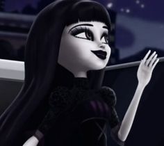 an animated image of a woman with long black hair and makeup holding a cell phone