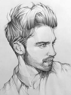 a pencil drawing of a man's face with his hair pulled back and eyes closed