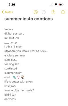 an iphone screen with the text summer insta captions on it