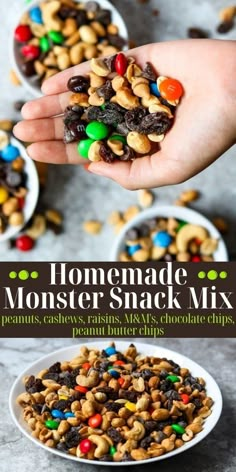 homemade monster snack mix in a white bowl with hands holding it up to the camera