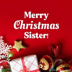 merry christmas sister card with presents and decorations on red background - free image 34971