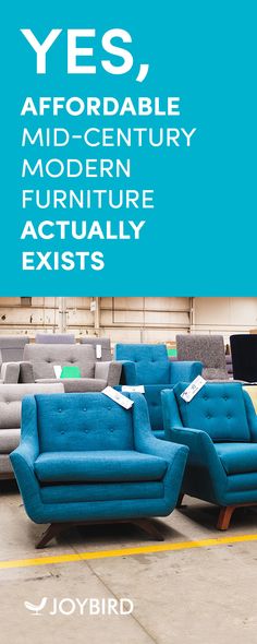 an advertisement for furniture stores with blue chairs and couches in the middle of it