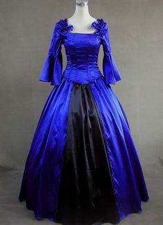 Elegant Blue Dress For Halloween, Gothic Blue Costume Dress, Blue Victorian Dress For Party, Fitted Royal Blue Dress For Costume, Blue Victorian Dress For Costume Party, Blue Vintage Victorian Dress For Costume Party, Fitted Blue Victorian Dress For Fancy Dress Events, Fitted Blue Victorian Dress With Long Sleeves, Fitted Long Sleeve Victorian Dress In Blue