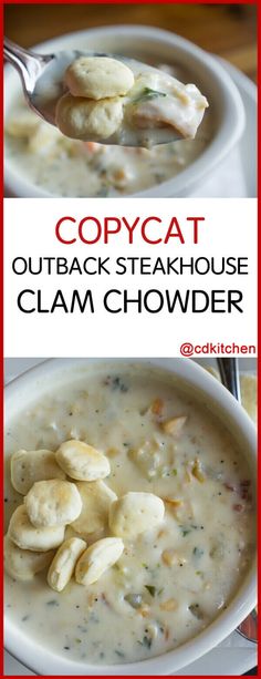 two pictures with the words copycat and outback steakhouse clam chowder