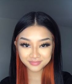 Front Half Hair Dye, Two Front Strands Of Hair Dyed Red, Black Hair With Ginger Underneath, Ginger Peak A Boo Hair, Red Strands In Brown Hair, Under Hair Dye Red, Two Front Strands Of Hair Dyed, Dyed Hair Front Strands Only, Front Piece Hair Dye