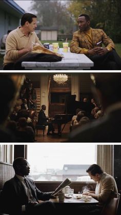 three different scenes from the same movie with people sitting at a table and one in front of