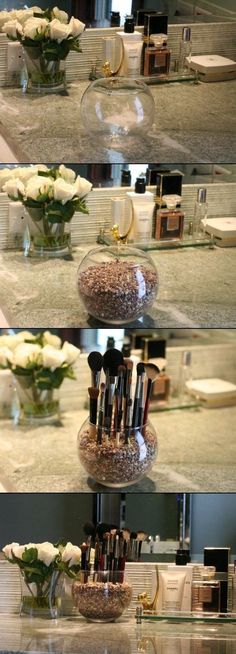 #DIY Make-Up Brush Display. Id love to do this once I have more counter space... so possibly for my next house! #Makeup Interior Design Country, Deco Originale, Dollar Store Crafts, Brush Holder, Makeup Storage, Makeup Vanity, Bathroom Organization, Apartment Living, Dressing Table