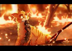 an orange and white cat standing in front of a forest filled with fireballs next to a knife