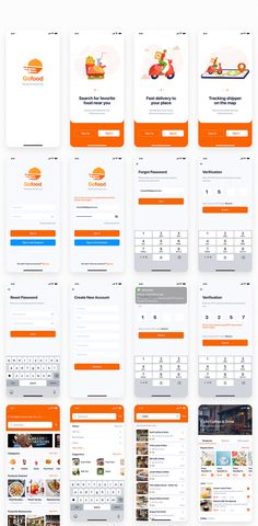 an orange and white website design with multiple screens