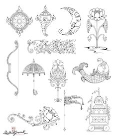 an assortment of ornate designs on white paper with black and white ink, including umbrellas