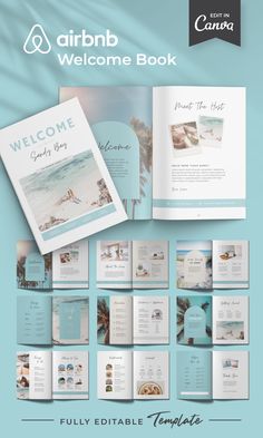 Airbnb welcome book template for Canva Theme Airbnb, Airbnb Hacks, Airbnb Printables, Beach Template, Airbnb Guidebook, Book Beach, Editable Birthday Cards