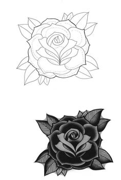 two roses with leaves on each side and one in the middle, both black and white