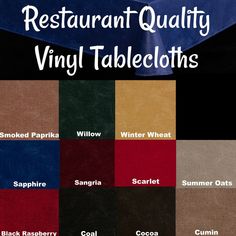 the restaurant quality vinyl tablecloths are available in multiple colors and sizes, including red, brown, blue, green, black, white