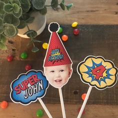 Decorate your party with these original cupcake toppers! Perfect to add some unique decor to your table! This listing is for one photo only. For any additional photos a fee of $5 will be charged. Set of 12 toppers - laser printed on 110 lb card stock. Ready to use, fully assembled. Please choose the styles at checkout. PLEASE SEND ME A 300 dpi res PHOTO AT CHECKOUT. Contact me with any questions! Photo Cupcake Toppers, Pirate Cupcake, Superheroes Party, Photo Face, Hat Cake, Hat Photo, Funny Hats, Clear Box, Superhero Party