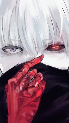 an anime character with white hair and red eyes holding his hand up to his mouth