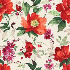 red flowers on white background with green leaves and purple flowers in the center, all over