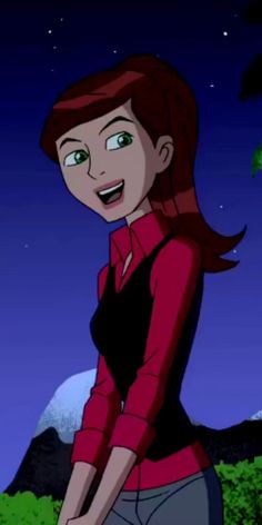 an animated image of a woman with red hair and green eyes standing in the grass