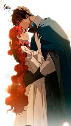 a man and woman kissing each other with red hair