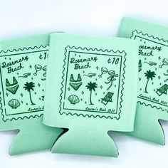 three green stamps with designs on them sitting next to each other