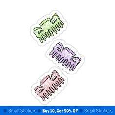 three small stickers with different colored hair clips on top of each other and the words'buy 10 get 50 % off '