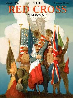 the red cross magazine cover with an image of soldiers holding flags and standing in front of a statue