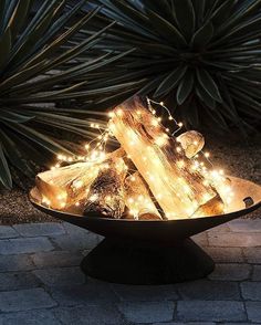 a bowl filled with lights and logs on top of a stone floor next to plants