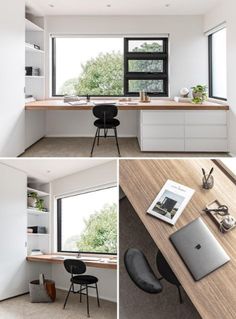 four photos of a home office with desk, chair and bookshelf