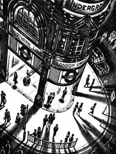 black and white drawing of people walking around an underground station