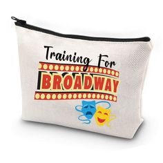 a white cosmetic bag with the words training for broadway on it's front and side